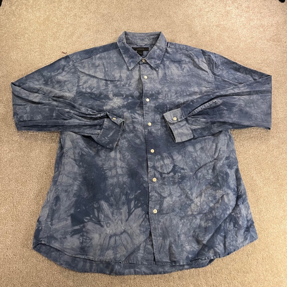 Express Men's Blue Tie-Dye Button Down Shirt